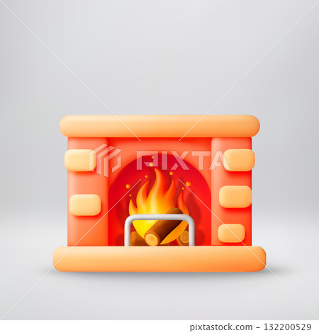 Orange cute fireplace with burning log and flames 132200529