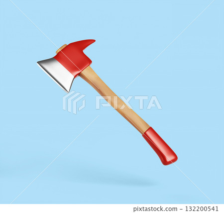 Red fire axe 3d render icon. Metal lumberjack ax for chopping wood. Hand tool for carpentry. Travel camping equipment. Isolated sharp froe, vintage weapon for ui game design. 3D illustration Red fire axe 3d render icon. Metal lumberjack ax for chopping wood. Hand tool for carpentry. Travel camping equipment. Isolated sharp froe, vintage weapon for ui game design. 3D illustration 132200541