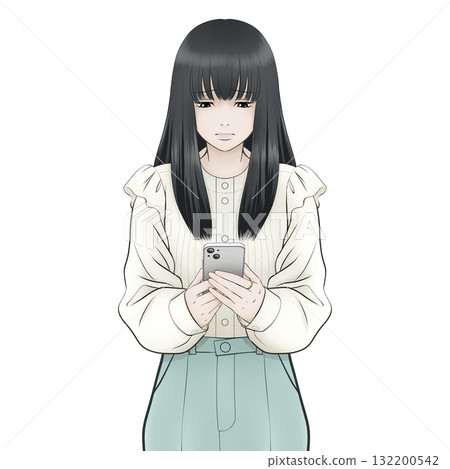 Illustration of a woman looking at a mobile phone with a gloomy expression 132200542