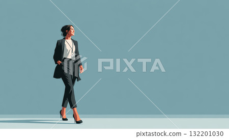 Confident businesswoman walking forward stylish suit, smiling, professional, minimal background 132201030
