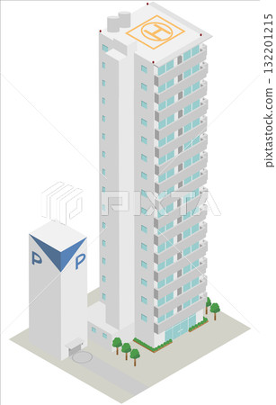 Isometric illustration of a tower apartment building and mechanical multi-story parking lot likely to be found in Japan Isometric illustration of a tower apartment building and mechanical multi-story parking lot likely to be found in Japan 132201215