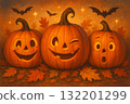 A colorful black background with lots of orange and yellow pumpkins and a black background 132201299