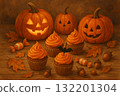 A black colorful background with lots of orange and black pumpkins 132201304