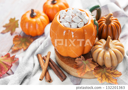 Pumpkin hot chocolate with marshmallows enjoying autumn season Pumpkin hot chocolate with marshmallows enjoying autumn season 132201363