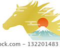 馬年新年賀卡模板：馬、富士山和日出 132201483