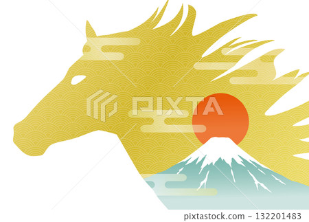 Year of the Horse New Year's card template: Horse, Mt. Fuji, and sunrise 132201483