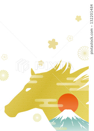 馬年新年賀卡模板:馬、富士山和日出 馬年新年賀卡模板:馬、富士山和日出 132201484