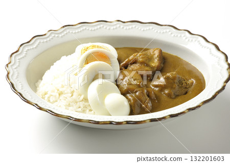 Chicken curry with boiled egg on white background Chicken curry with boiled egg on white background 132201603