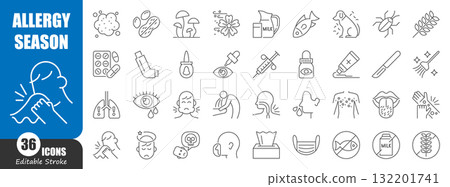Seasonal allergies thin line icon . disease . Editable stroke . Vector . 132201741