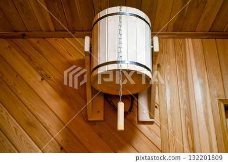 Interior of a traditional steam bath (sauna) with a wood-burning stove 132201809