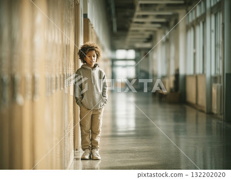 Young boy standing alone in school hallway 132202020