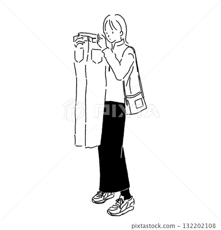 一位手持牛仔布的女士的線條畫插圖 132202108