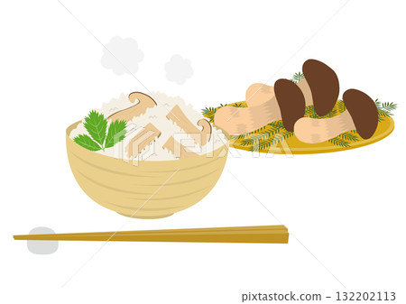 碗裝松茸米飯和籃子裝松茸的插圖 132202113