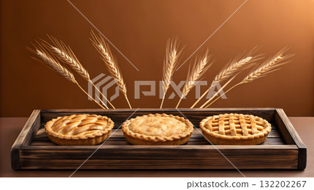 Freshly baked pies arranged on a wooden tray with wheat stalks in the background 132202267
