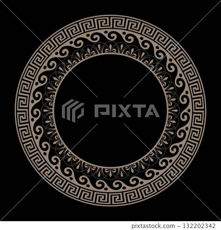 Greek round frame on black background. Greek key, meander pattern. Greek vector round frame. Greek pattern. Template for laser cutting or engraving. Patterns of Greece and ancient Rome. Vector 132202342
