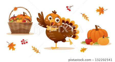 turkey celebrating autumn with pumpkins and a basket of harvest, festive seasonal elements and joyful atmosphere 132202541