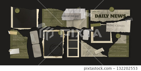 Torn newspaper pieces collage isolated on black 132202553