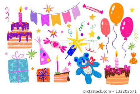 Birthday party crayon style elements Birthday party crayon style elements 132202571