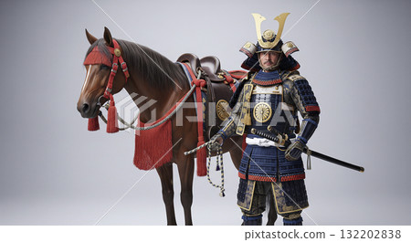 Japanese samurai wearing armor and leading a horse 132202838