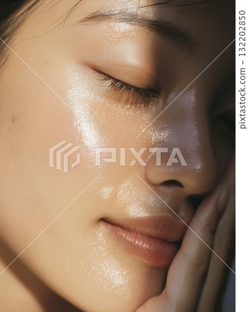 Close-up of a woman's face with moisturized skin after applying beauty serum 132202850