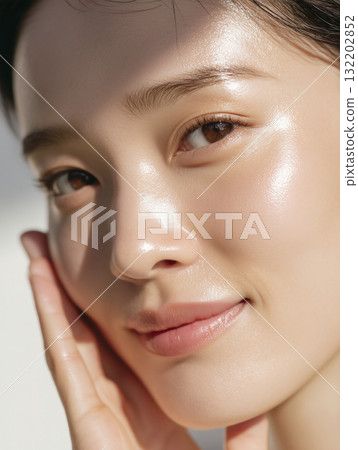 特寫鏡頭：一位女性的臉部，塗抹美容精華液後，皮膚變得濕潤 132202852
