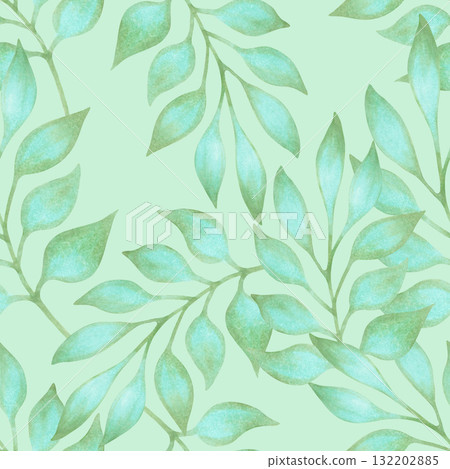 A seamless pattern with graceful turquoise leaves on branches. Watercolor botanical illustration. Hand drawn isolated art. Suitable for textile design, packaging, wallpaper, fabric, and bedding. A seamless pattern with graceful turquoise leaves on branches. Watercolor botanical illustration. Hand drawn isolated art. Suitable for textile design, packaging, wallpaper, fabric, and bedding. 132202885