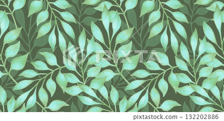 Seamless pattern with graceful turquoise leaves on branches. Watercolor botanical illustration. Hand drawn isolated art. Horizontal background for textiles, packaging, wallpaper, fabric, and paper 132202886