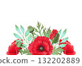 A horizontal frame with a poppy flower, pod, and branch. Botanical watercolor illustration. Hand drawn isolated art. Remembrance Day, Spring and Labor Day. Background with space for invitation text 132202889