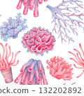 Seamless pattern with colorful corals. Watercolor illustration of underwater marine animals. Hand-drawn isolated illustration. Background for natural designs, fabrics, textiles, and packaging 132202892