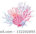 Composition of a shell, coral, starfish with seaweed. Coral reef with underwater inhabitants. Watercolor, marker illustration. Hand drawn isolated art. Perfect for nautical themes, tropical designs 132202893