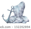 Composition of stones with an anchor. Watercolor illustrations. A hand drawn, isolated drawing of pebbles and navigational equipment. Suitable for marine scenes, ocean landscapes and navigation 132202894