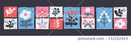 Crayon Folk Art. Floral Primitive Elements Patterns in Patchwork set. Isolated Tiles with Flower, plants with rustic effect. Textured Hand Drawing doodles. Modern trendy vector illustration. Not AI Crayon Folk Art. Floral Primitive Elements Patterns in Patchwork set. Isolated Tiles with Flower, plants with rustic effect. Textured Hand Drawing doodles. Modern trendy vector illustration. Not AI 132202924