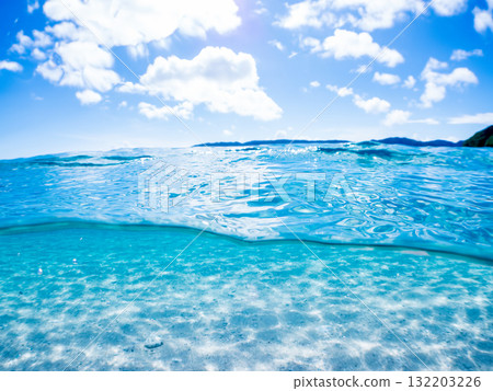 A half-submerged shot of Amuro Island's white sand beach. Zamami Port, Zamami Island, Kerama Islands, Shimajiri District, Okinawa Prefecture - 2025 A half-submerged shot of Amuro Island's white sand beach. Zamami Port, Zamami Island, Kerama Islands, Shimajiri District, Okinawa Prefecture - 2025 132203226