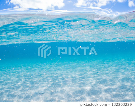 A half-submerged shot of Amuro Island's white sand beach. Zamami Port, Zamami Island, Kerama Islands, Shimajiri District, Okinawa Prefecture - 2025 A half-submerged shot of Amuro Island's white sand beach. Zamami Port, Zamami Island, Kerama Islands, Shimajiri District, Okinawa Prefecture - 2025 132203229