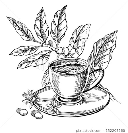 A cup of coffee with a coffee tree branch, coffee beans, and flowers. Realistic vector illustration for coffee shop interiors, menu design, packaging, kitchen accessories, and textiles. A cup of coffee with a coffee tree branch, coffee beans, and flowers. Realistic vector illustration for coffee shop interiors, menu design, packaging, kitchen accessories, and textiles. 132203260
