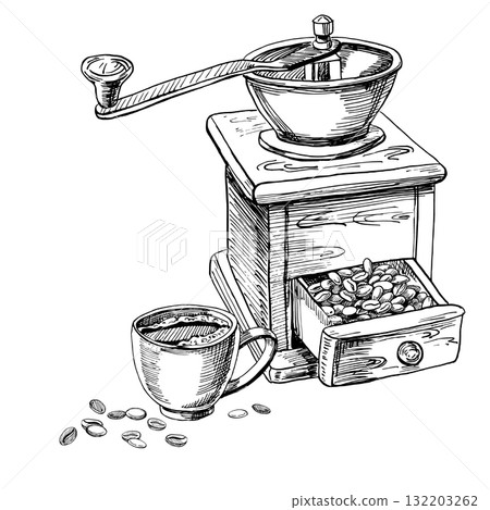 Retro coffee grinder with a coffee cup and coffee beans. Realistic vector illustration for coffee shop interiors, menu design, packaging, kitchen accessories, and textiles. 132203262