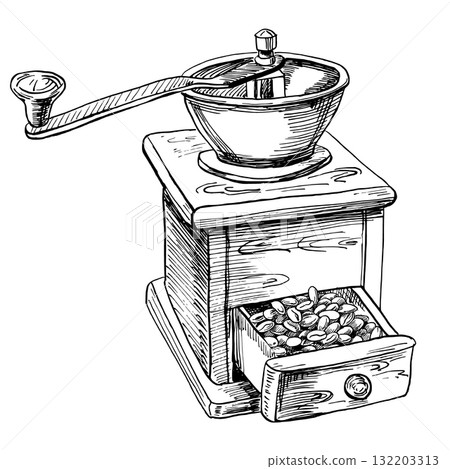 Retro coffee grinder with coffee beans. Realistic coffee-themed vector illustration for coffee shop interiors, menu design, packaging, kitchen accessories, and textiles. Retro coffee grinder with coffee beans. Realistic coffee-themed vector illustration for coffee shop interiors, menu design, packaging, kitchen accessories, and textiles. 132203313