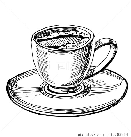 A coffee cup and saucer. A realistic coffee-themed vector illustration for coffee shop interiors, menu design, packaging, kitchen accessories, and textiles. A coffee cup and saucer. A realistic coffee-themed vector illustration for coffee shop interiors, menu design, packaging, kitchen accessories, and textiles. 132203314