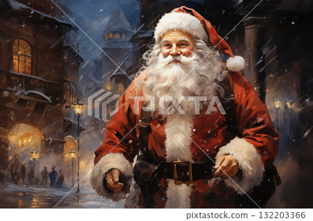 Portrait of Santa, winter, snow covered city street 132203366