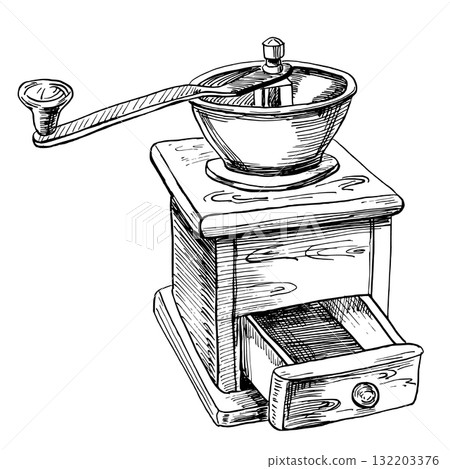 Retro coffee grinder. Vector illustration in a realistic style on the theme of coffee for coffee shop interiors, menu design, packaging printing, kitchen accessories, and textiles. 132203376