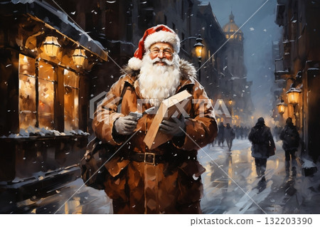 Portrait of Santa, winter, snow covered city street 132203390