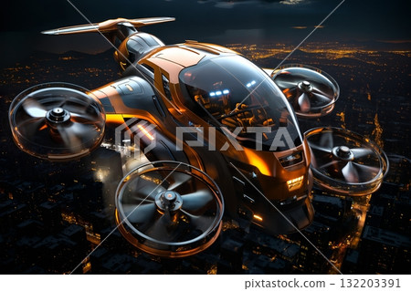 futuristic flying vehicle over the city, aerial view, cityscape, sky at sunset, aerial transportation 132203391