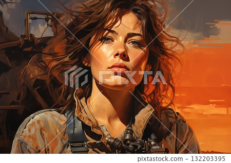 Portrait of a woman dressed in overalls, outside a factory, on an alien planet, desert and rocks, futuristic style 132203395