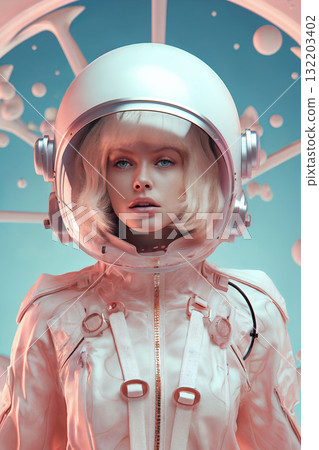 portrait of a woman as an astronaut, fashion, dressed in pink spacesuit, helmet, beautiful face, abstract background portrait of a woman as an astronaut, fashion, dressed in pink spacesuit, helmet, beautiful face, abstract background 132203402