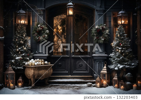 exteriors of the house are decorated for Christmas or New Year's holiday, city street in winter, snow, gifts on the porch, and street lights, a fairy-tale environment exteriors of the house are decorated for Christmas or New Year's holiday, city street in winter, snow, gifts on the porch, and street lights, a fairy-tale environment 132203403