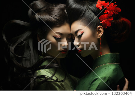 two geisha women wearing traditional japanese costumes on a black background 132203404
