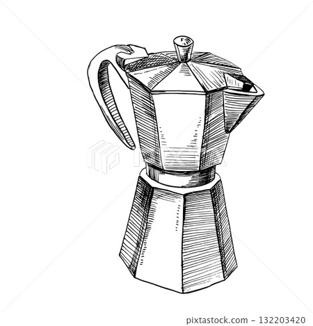 Geyser coffee maker. Vector illustration in a realistic style for coffee shop interiors, menu design, packaging printing, kitchen accessories, and textiles. Geyser coffee maker. Vector illustration in a realistic style for coffee shop interiors, menu design, packaging printing, kitchen accessories, and textiles. 132203420