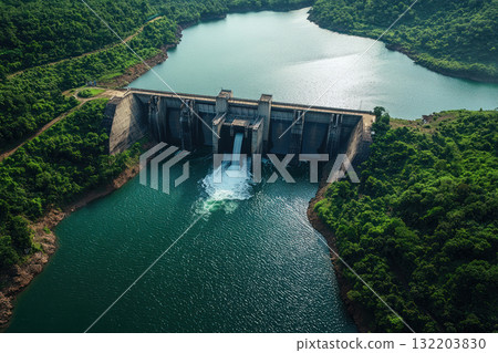 clear river with small hydroelectric dam, showcasing green energy investment 132203830
