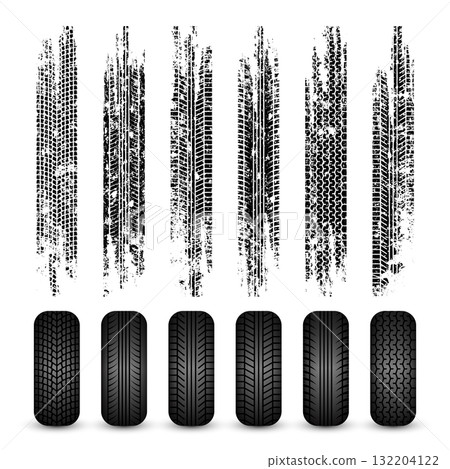 Grunge tire tracks, rubber wheels, and braking marks. Truck, car, or motorcycle tread pattern silhouettes. Perfect for auto racing, motorsport, and speed-related designs. Vector illustration 132204122