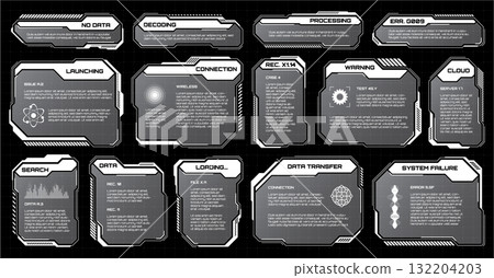 White futuristic HUD, UI elements. Sci-fi user interface text boxes, callouts. Warning message frames, information boxes template. Modern game interface layout in digital style. Vector illustration 132204203